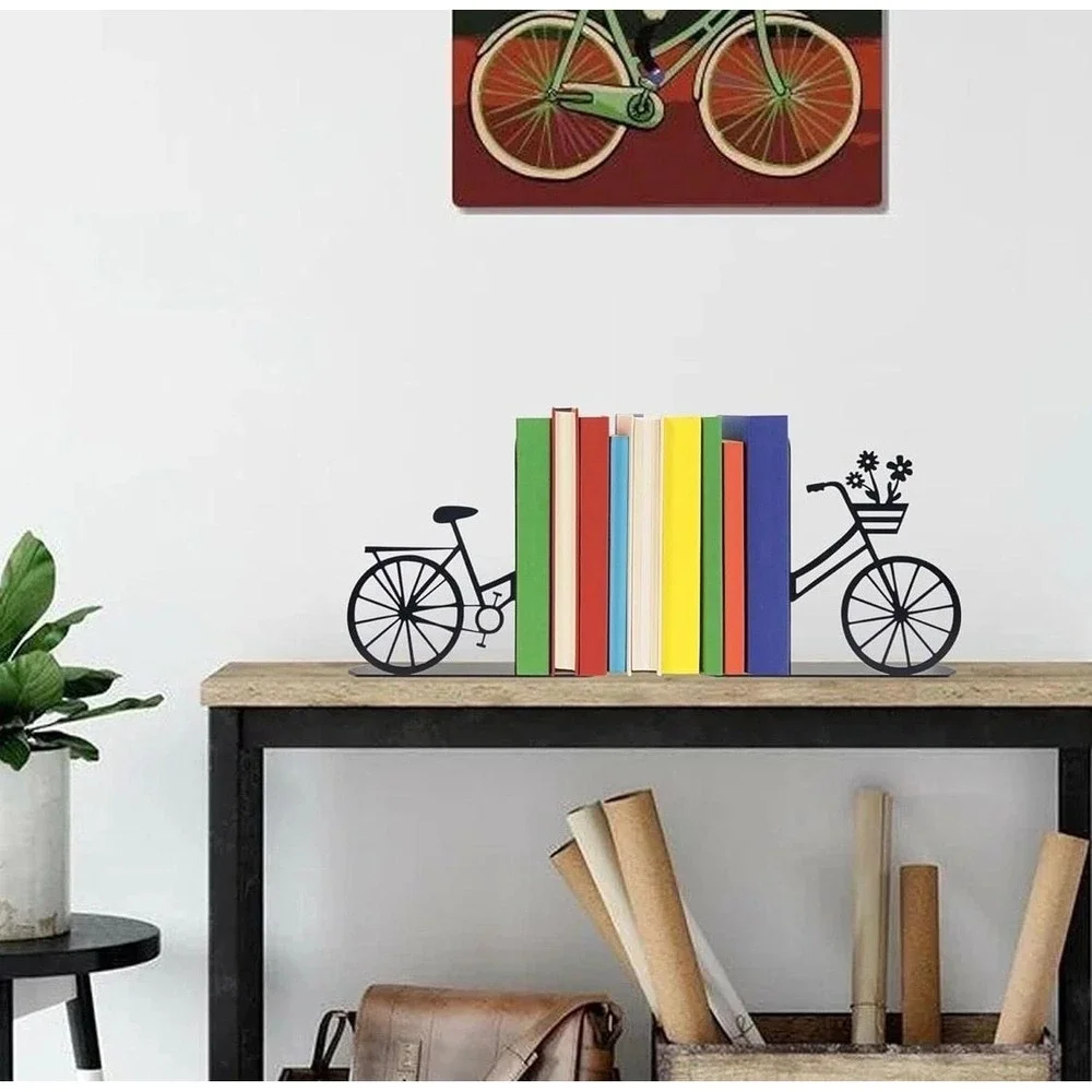 Bicycle Metal Bookends, Black Floral Bike Decorative Book Ends for Shelves‎